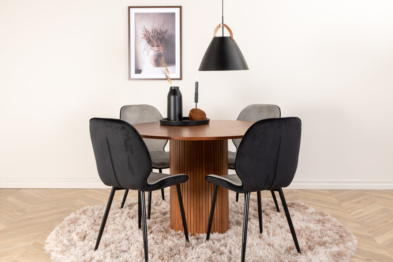 Bianca, Emma – Ensemble repas rond – Noyer – Table : ⌀110 Chaise : 57 x 89 x 47 cm