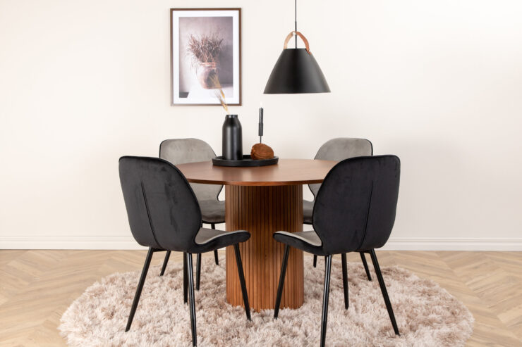 Bianca, Emma – Ensemble repas rond – Noyer – Table : ⌀110 Chaise : 57 x 89 x 47 cm