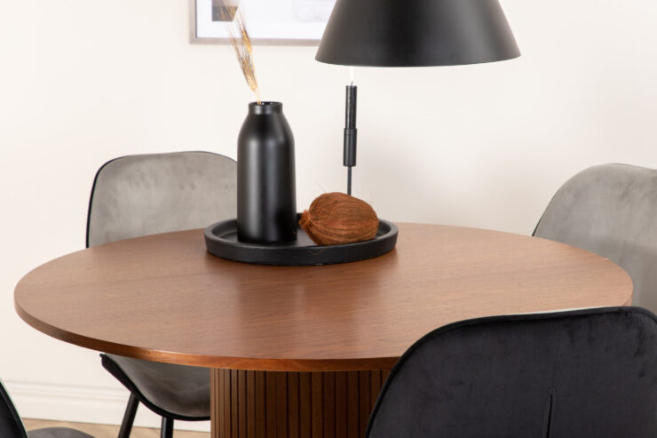 Bianca, Emma – Ensemble repas rond – Noyer – Table : ⌀110 Chaise : 57 x 89 x 47 cm