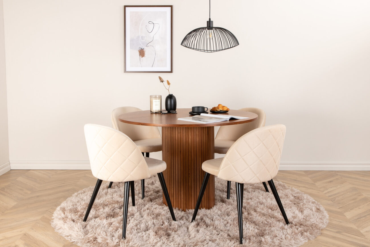 Bianca, Velvet – Ensemble repas rond – Noyer – Table : ⌀110 Chaise : 57 x 76,5 x 50 cm