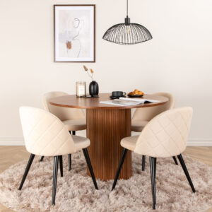 Bianca, Velvet – Ensemble repas rond – Noyer – Table : ⌀110 Chaise : 57 x 76,5 x 50 cm