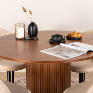 Bianca, Velvet – Ensemble repas rond – Noyer – Table : ⌀110 Chaise : 57 x 76,5 x 50 cm