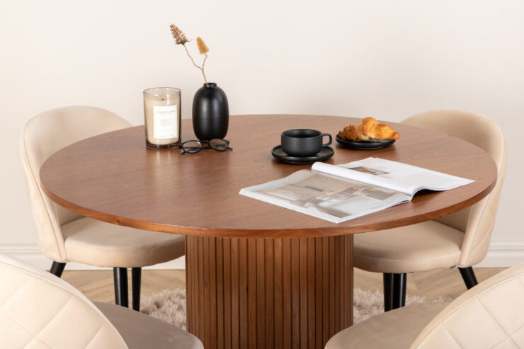 Bianca, Velvet – Ensemble repas rond – Noyer – Table : ⌀110 Chaise : 57 x 76,5 x 50 cm