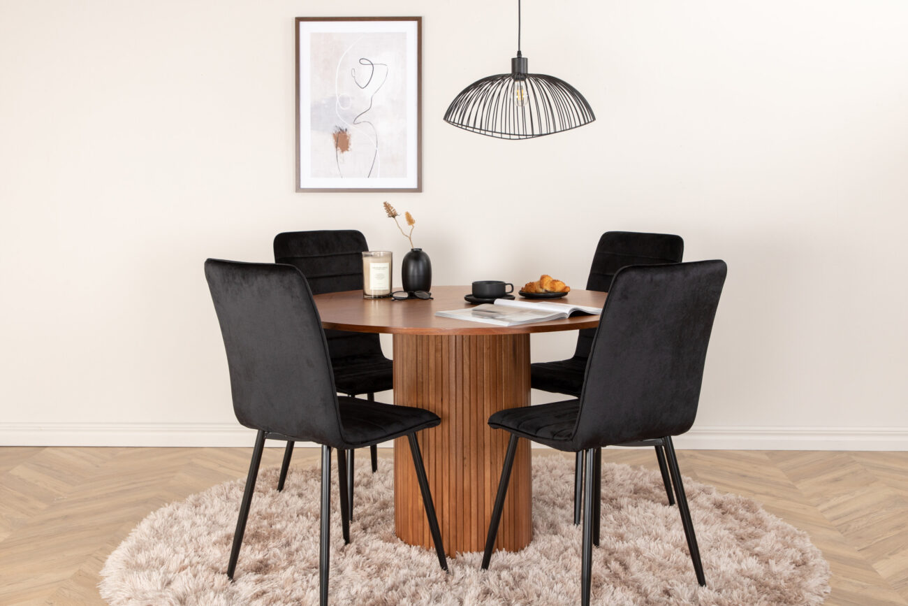 Bianca, Windu – Ensemble repas rond – Noyer – Table : ⌀110 Chaise : 49 x 94 x 43 cm