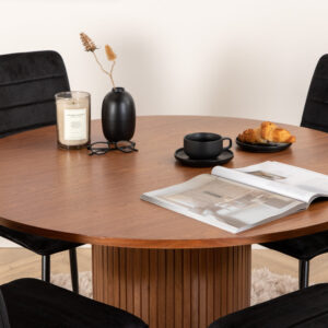 Bianca, Windu – Ensemble repas rond – Noyer – Table : ⌀110 Chaise : 49 x 94 x 43 cm