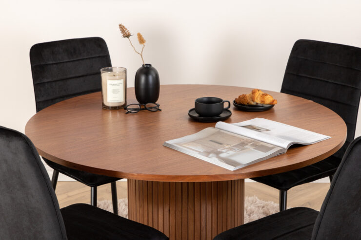 Bianca, Windu – Ensemble repas rond – Noyer – Table : ⌀110 Chaise : 49 x 94 x 43 cm