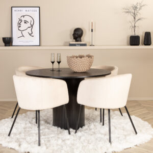 Bianca, Berit – Ensemble repas rond – Noir – Table : ⌀110 Chaise : 55 x 78 x 55 cm