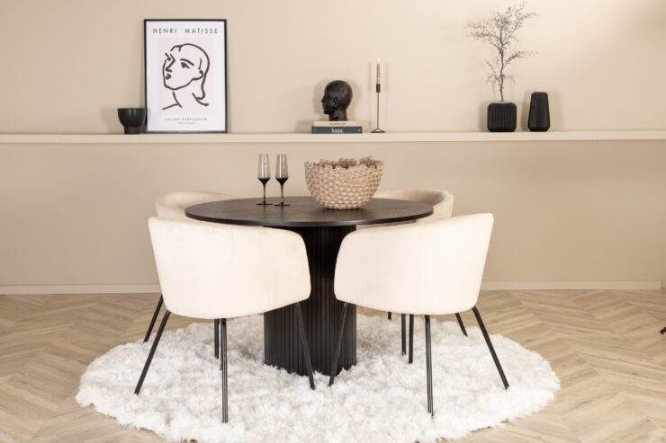 Bianca, Berit – Ensemble repas rond – Noir – Table : ⌀110 Chaise : 55 x 78 x 55 cm