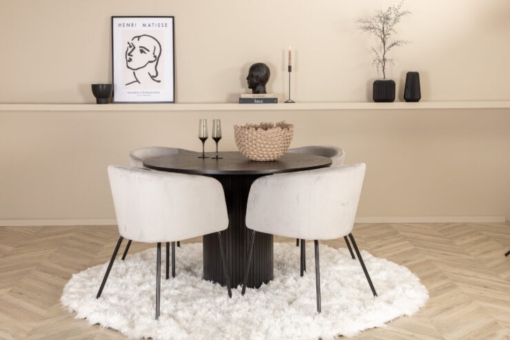 Bianca, Berit – Ensemble repas rond – Noir – Table : ⌀110 Chaise : 55 x 78 x 55 cm