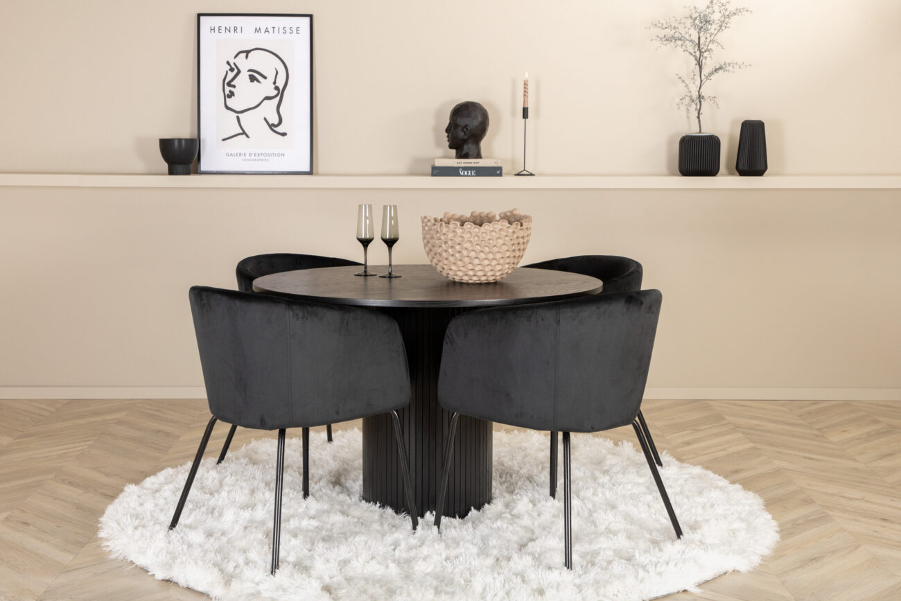 Bianca, Berit – Ensemble repas rond – Noir – Table : ⌀110 Chaise : 55 x 78 x 55 cm