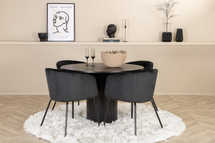 Bianca, Berit – Ensemble repas rond – Noir – Table : ⌀110 Chaise : 55 x 78 x 55 cm