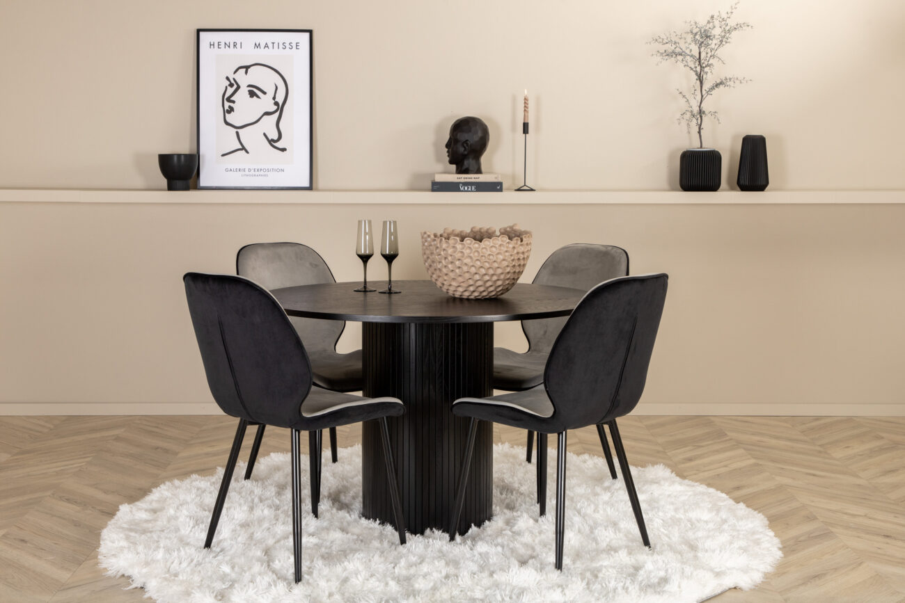 Bianca, Emma – Ensemble repas rond – Noir – Table : ⌀110 Chaise : 57 x 89 x 47 cm