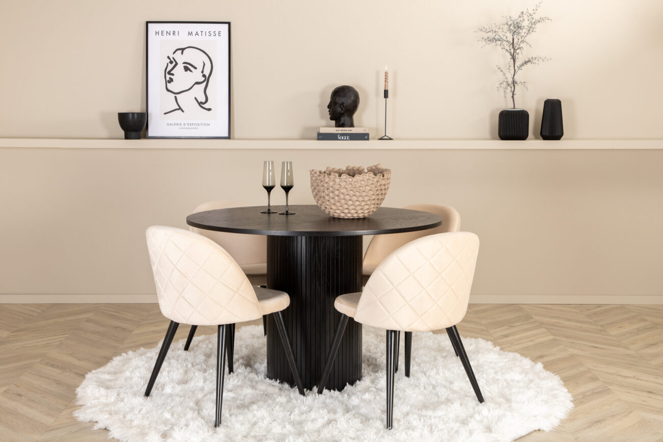 Bianca, Velvet – Ensemble repas rond – Noir – Table : ⌀110 Chaise : 57 x 76,5 x 50 cm