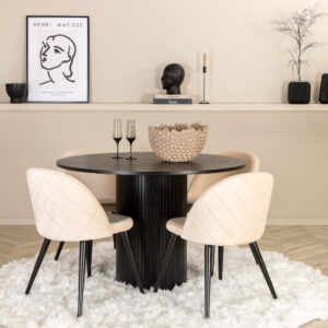 Bianca, Velvet – Ensemble repas rond – Noir – Table : ⌀110 Chaise : 57 x 76,5 x 50 cm
