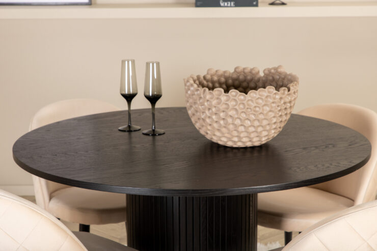 Bianca, Velvet – Ensemble repas rond – Noir – Table : ⌀110 Chaise : 57 x 76,5 x 50 cm