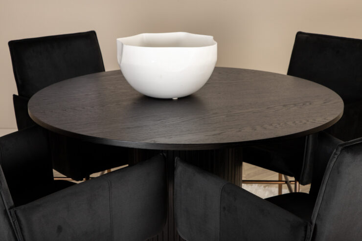 Bianca, Petra – Ensemble repas rond – Noir – Table : ⌀110 Chaise : 60 x 87 x 57 cm