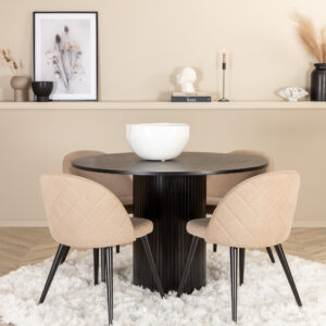 Bianca, Velvet – Ensemble repas rond – Noir – Table : ⌀110 Chaise : 57 x 76,5 x 50 cm