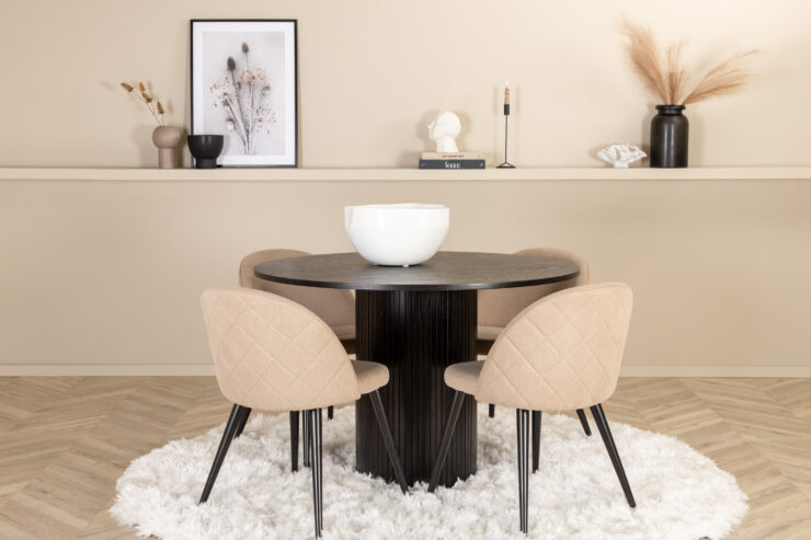 Bianca, Velvet – Ensemble repas rond – Noir – Table : ⌀110 Chaise : 57 x 76,5 x 50 cm