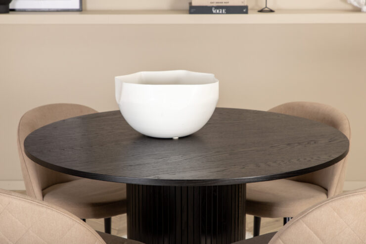 Bianca, Velvet – Ensemble repas rond – Noir – Table : ⌀110 Chaise : 57 x 76,5 x 50 cm