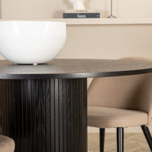 Bianca, Velvet – Ensemble repas rond – Noir – Table : ⌀110 Chaise : 57 x 76,5 x 50 cm