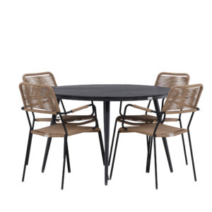 Break, Lindos – Ensemble repas – Noir – Table : ⌀120 Chaise : 66 x 85 x 55 cm