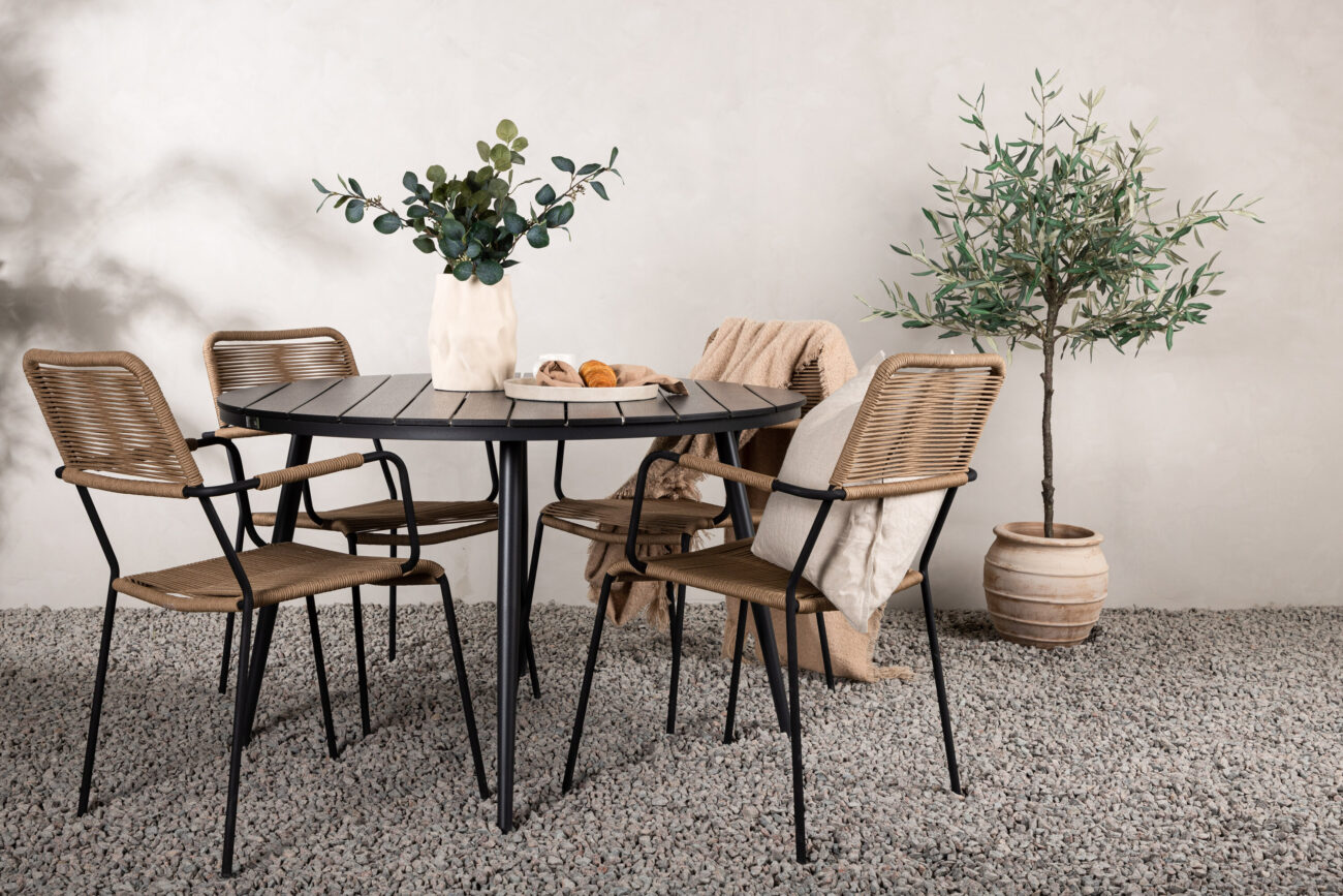 Break, Lindos – Ensemble repas – Noir – Table : ⌀120 Chaise : 66 x 85 x 55 cm