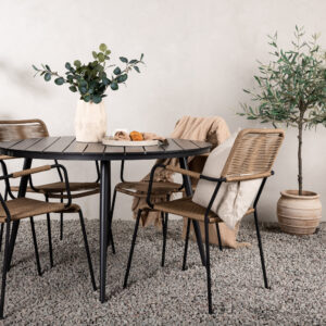 Break, Lindos – Ensemble repas – Noir – Table : ⌀120 Chaise : 66 x 85 x 55 cm