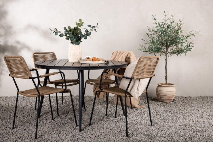 Break, Lindos – Ensemble repas – Noir – Table : ⌀120 Chaise : 66 x 85 x 55 cm