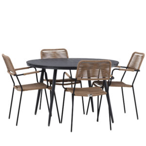 Break, Lindos – Ensemble repas – Noir – Table : ⌀120 Chaise : 66 x 85 x 55 cm
