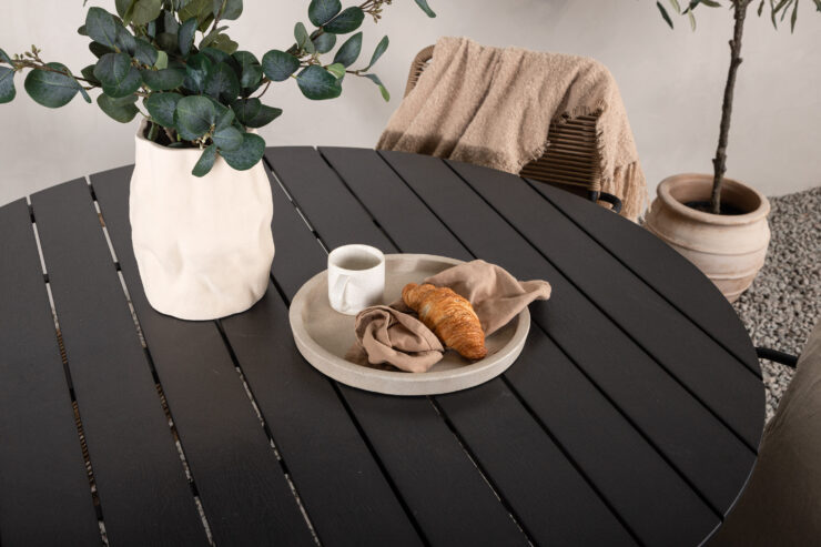 Break, Lindos – Ensemble repas – Noir – Table : ⌀120 Chaise : 66 x 85 x 55 cm