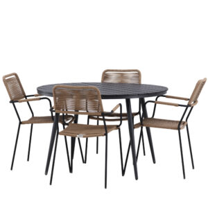 Break, Lindos – Ensemble repas – Noir – Table : ⌀120 Chaise : 66 x 85 x 55 cm
