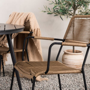 Break, Lindos – Ensemble repas – Noir – Table : ⌀120 Chaise : 66 x 85 x 55 cm
