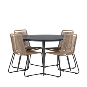 Break, Lindos – Ensemble repas – Noir – Table : ⌀120 Chaise : 59 x 86 x 57 cm