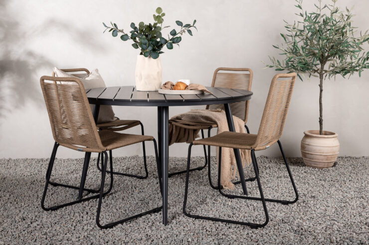 Break, Lindos – Ensemble repas – Noir – Table : ⌀120 Chaise : 59 x 86 x 57 cm