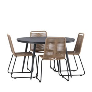 Break, Lindos – Ensemble repas – Noir – Table : ⌀120 Chaise : 59 x 86 x 57 cm