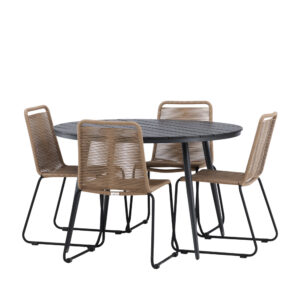 Break, Lindos – Ensemble repas – Noir – Table : ⌀120 Chaise : 59 x 86 x 57 cm