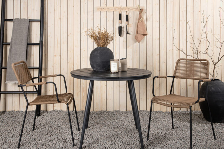 Break, Lindos – Ensemble repas – Table : ⌀90 Chaise : 66 x 85 x 55 cm