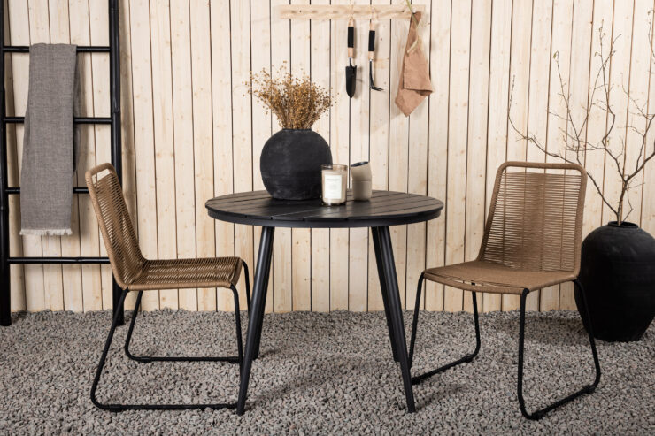 Break, Lindos – Ensemble repas – Table : ⌀90 Chaise : 59 x 86 x 57 cm
