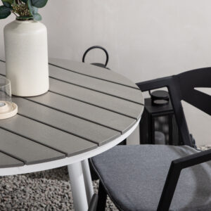 Break, Slit – Ensemble repas – Gris – Table : ⌀90 Chaise : 62 x 76 x 59 cm