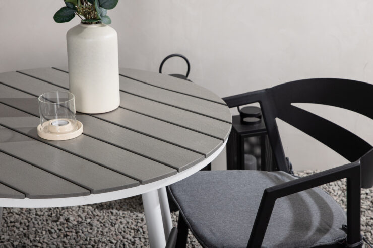 Break, Slit – Ensemble repas – Gris – Table : ⌀90 Chaise : 62 x 76 x 59 cm