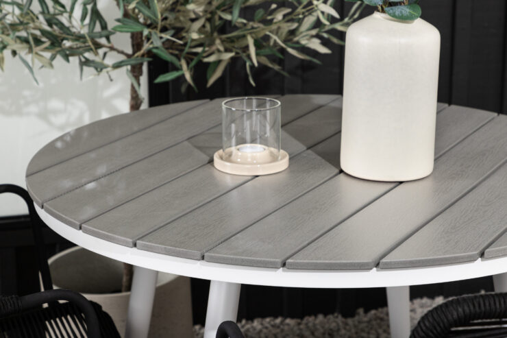 Break, Lindos – Ensemble repas – Table : ⌀90 Chaise : 66 x 85 x 55 cm