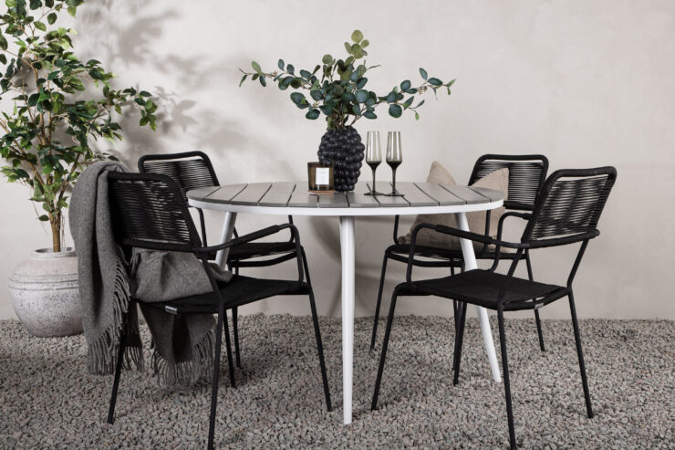 Break, Lindos – Ensemble repas – Table : ⌀120 Chaise : 66 x 85 x 55 cm