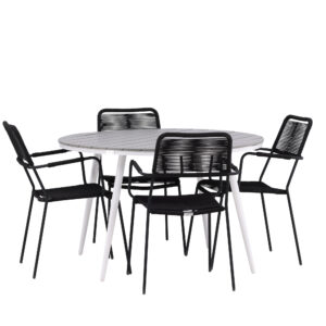 Break, Lindos – Ensemble repas – Table : ⌀120 Chaise : 66 x 85 x 55 cm