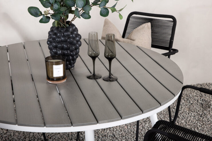 Break, Lindos – Ensemble repas – Table : ⌀120 Chaise : 66 x 85 x 55 cm