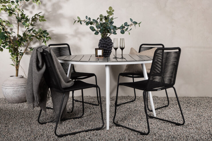 Break, Lindos – Ensemble repas – Table : ⌀120 Chaise : 59 x 86 x 57 cm