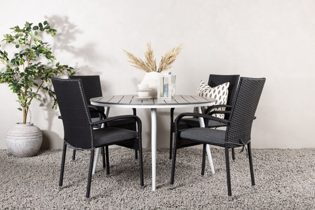 Break, Anna – Ensemble repas – Table : ⌀120 Chaise : 64 x 95 x 55 cm