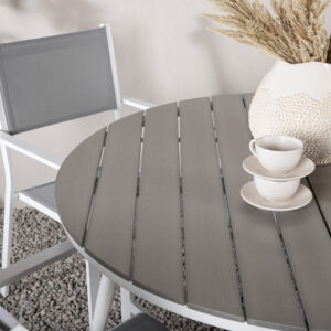 Break, Copacabana – Ensemble repas – Table : ⌀120 Chaise : 60,5 x 88 x 56,5 cm