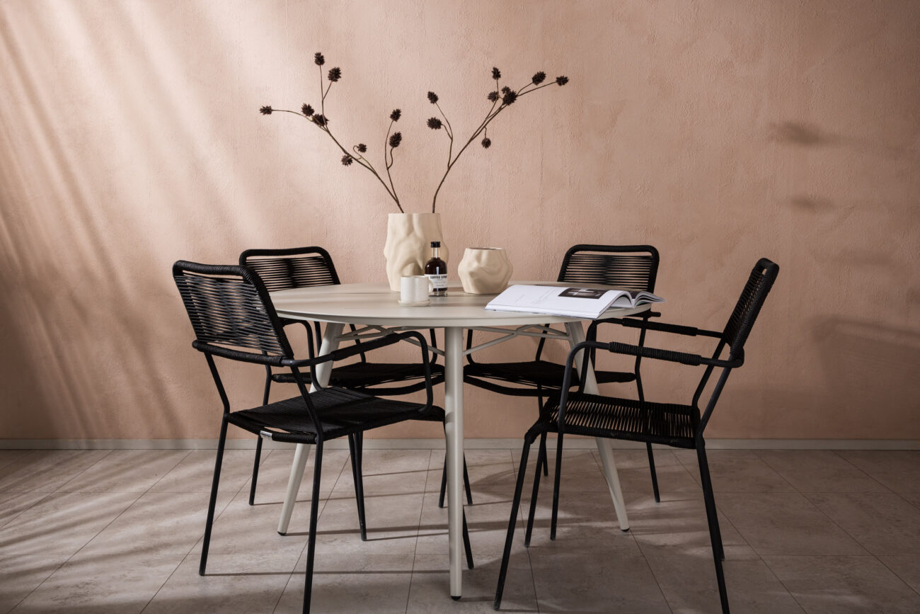 Lina, Lindos – Ensemble repas – Table : ⌀120 Chaise : 66 x 85 x 55 cm