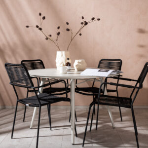 Lina, Lindos – Ensemble repas – Table : ⌀120 Chaise : 66 x 85 x 55 cm