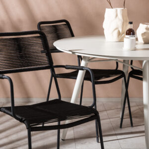 Lina, Lindos – Ensemble repas – Table : ⌀120 Chaise : 66 x 85 x 55 cm
